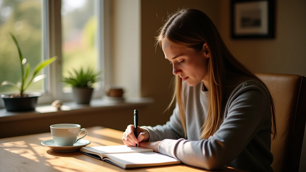 Person writing in a journal with a warm cup of tea