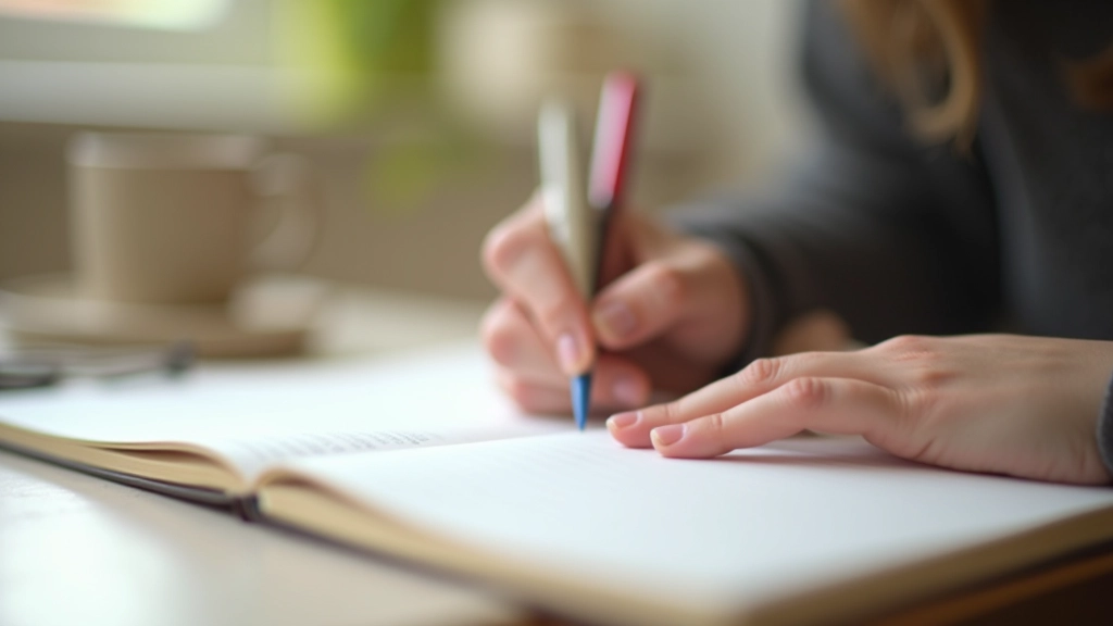Close-up of person writing in open journal with colored pen, hand visible holding pen mid-sentence