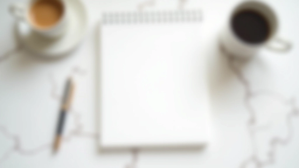 Blank page of notebook with pen and coffee cup on marble surface