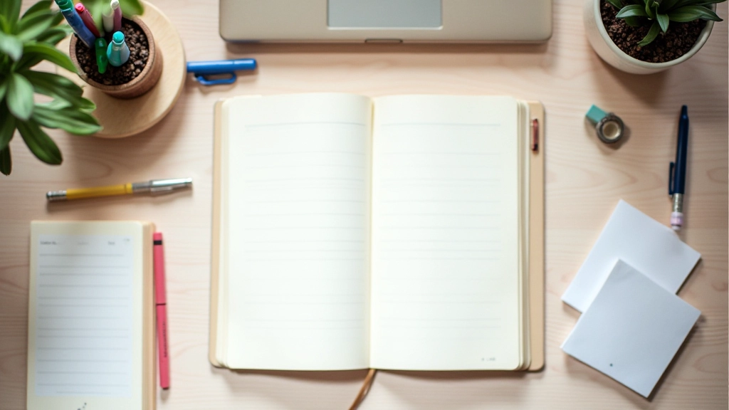 Workspace with multiple journals, colored pens, and prompt cards scattered on desk surface