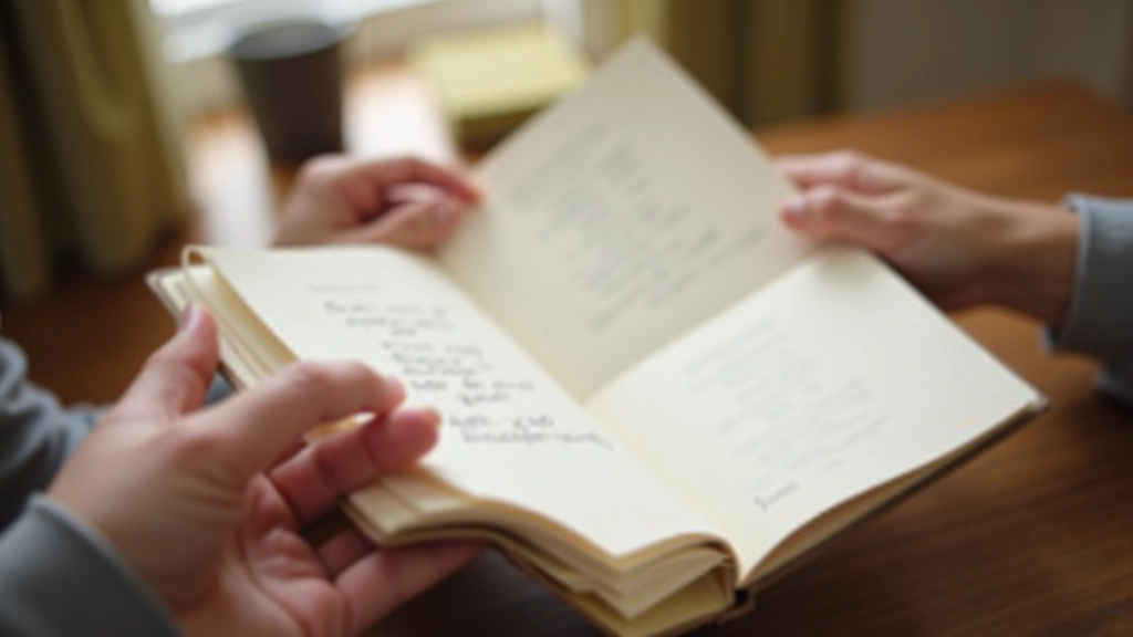 Hands holding journal with gratitude list visible, soft natural light streaming through window