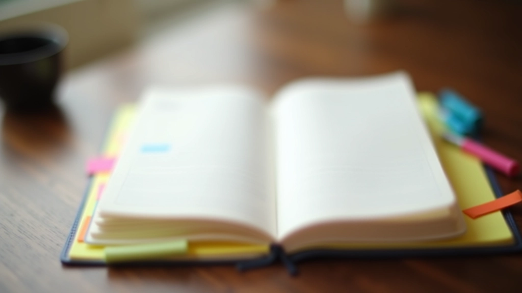 Open journal with colored tabs marking different months, highlighter pen resting on page with notes