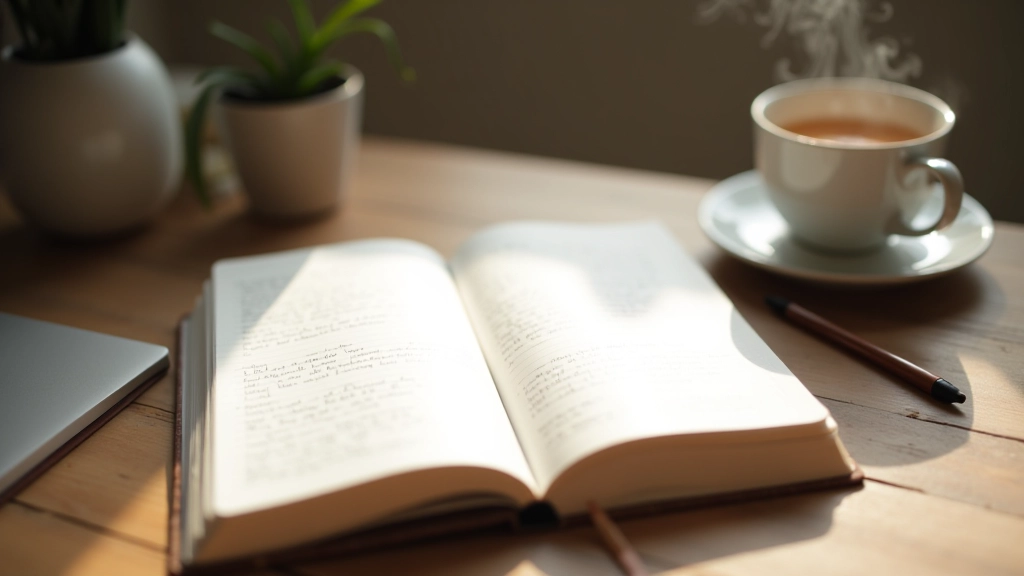 Open journal with handwritten entries on wooden desk beside a warm cup of tea and pen