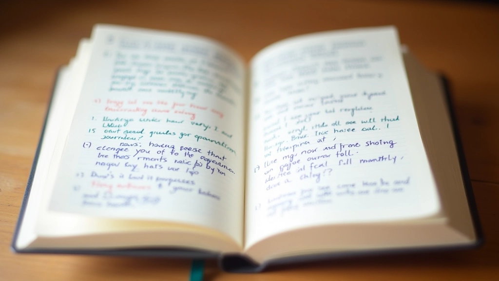 Spread of journal pages with different colored inks and handwriting styles, showing varied responses to reflection prompts