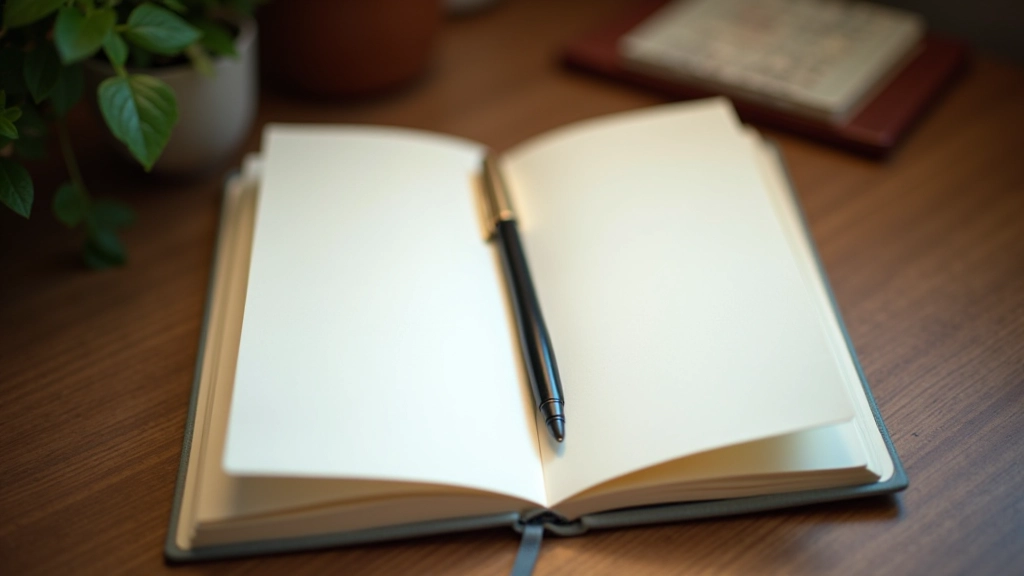 Open journal with pen on wooden desk