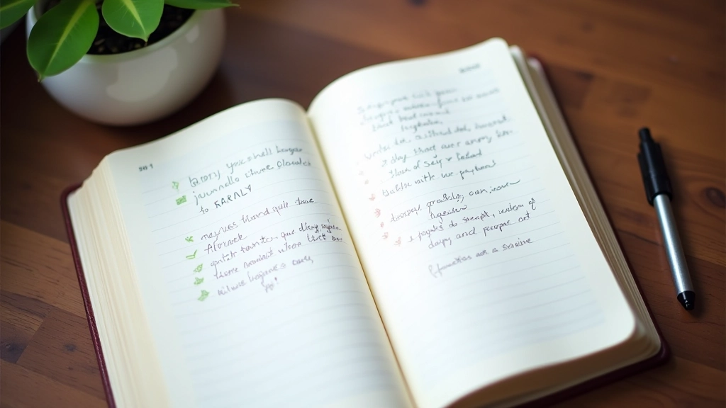 Open gratitude journal with handwritten entries and reflection notes visible on pages