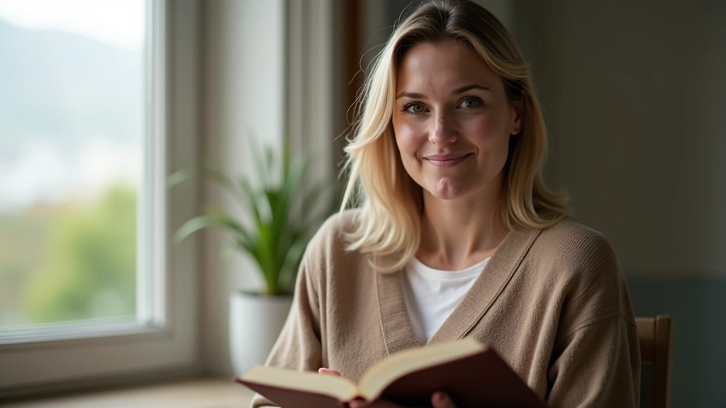 Person reflecting while holding journal, looking peaceful and contemplative by a window