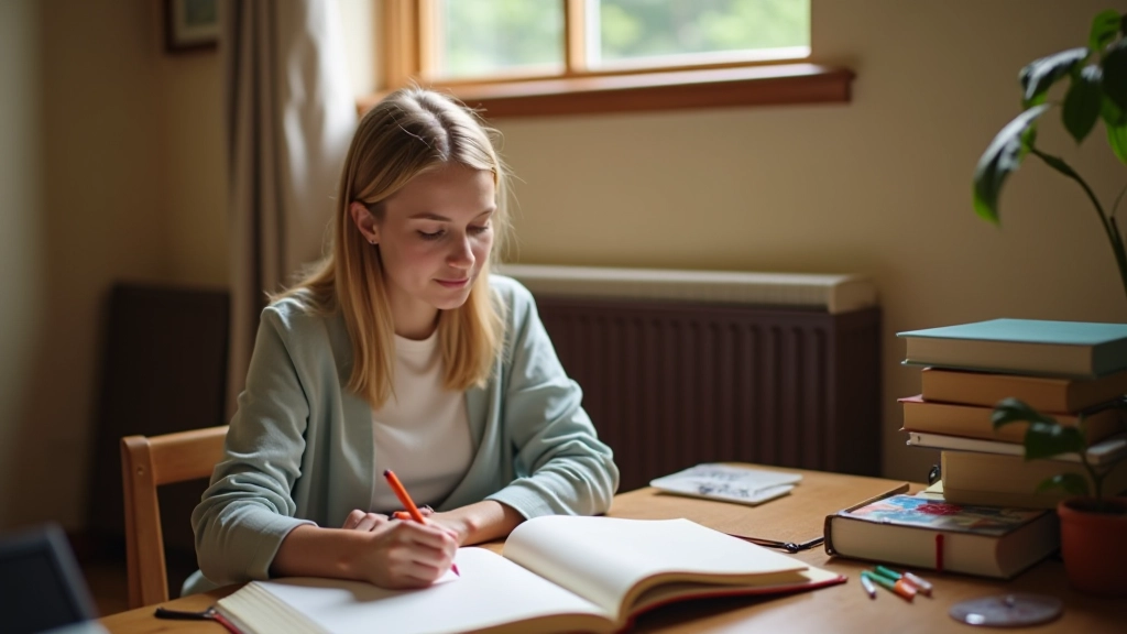 Person writing notes in journal at wooden table with morning light streaming through window