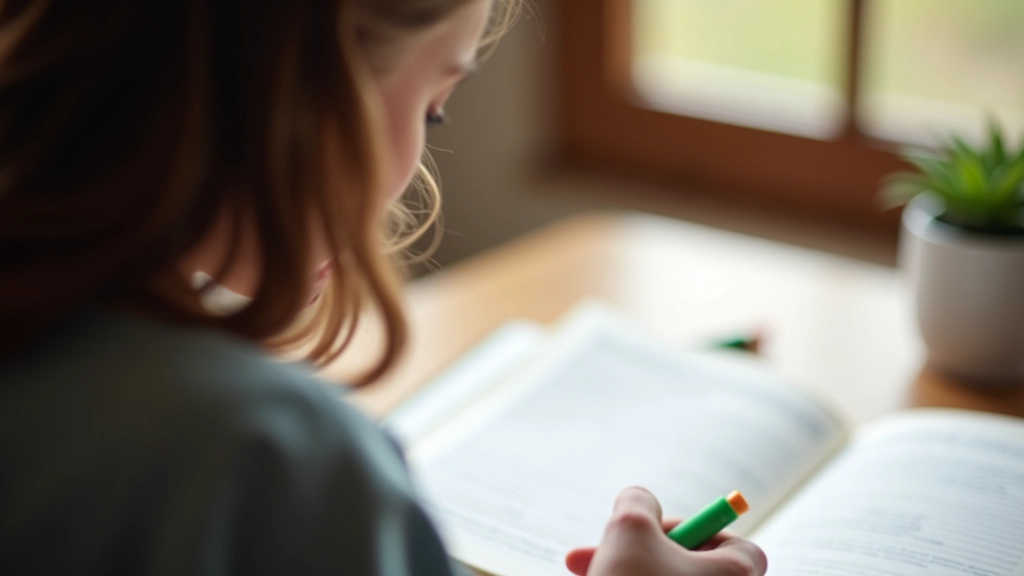 Person reviewing past journal entries spread across table, highlighter and notebook for patterns