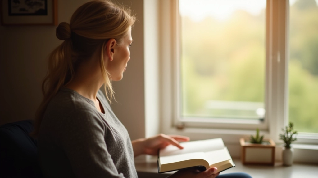 Person sitting by window with journal and steaming cup of tea, looking thoughtful during morning reflection session