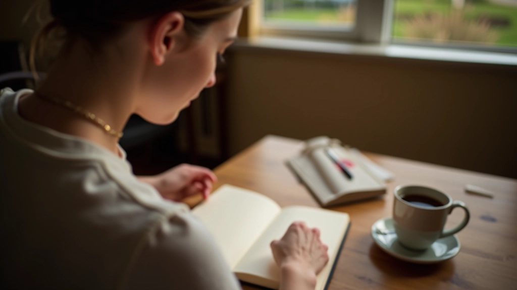 Person writing in journal at wooden table with coffee cup and reading glasses nearby, warm afternoon light