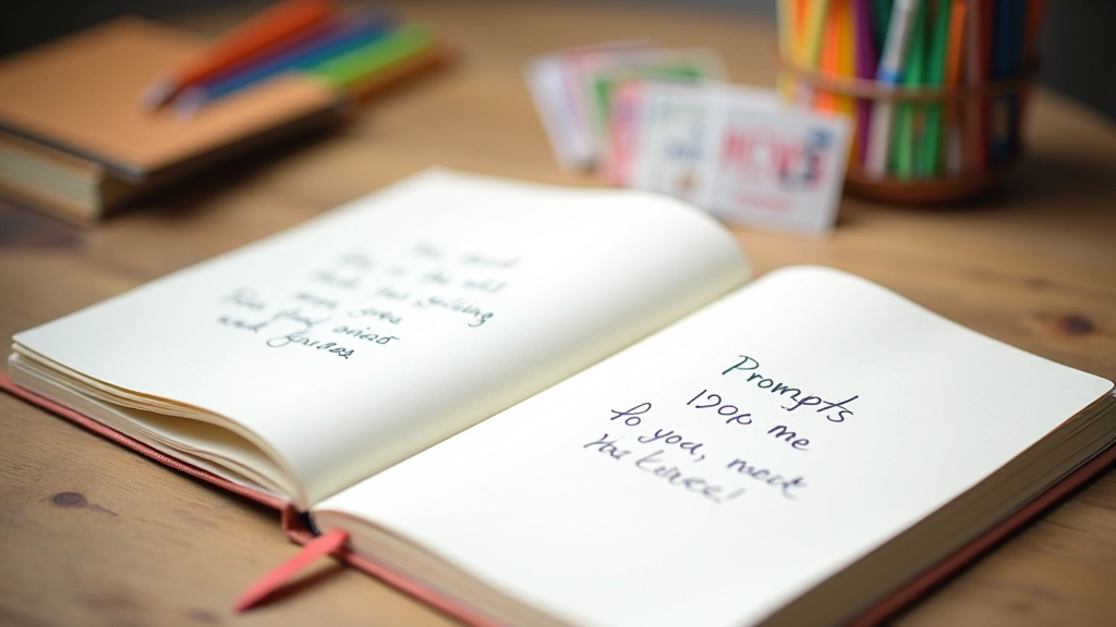 Colorful prompt cards and journal spread open showing responses and reflections written by hand