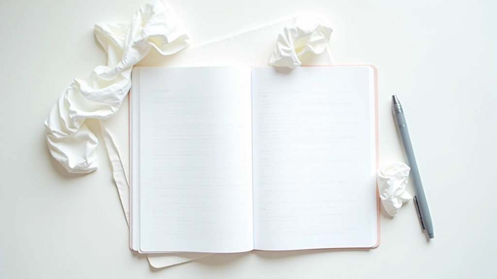 Crumpled paper with crossed-out text surrounded by fresh blank pages