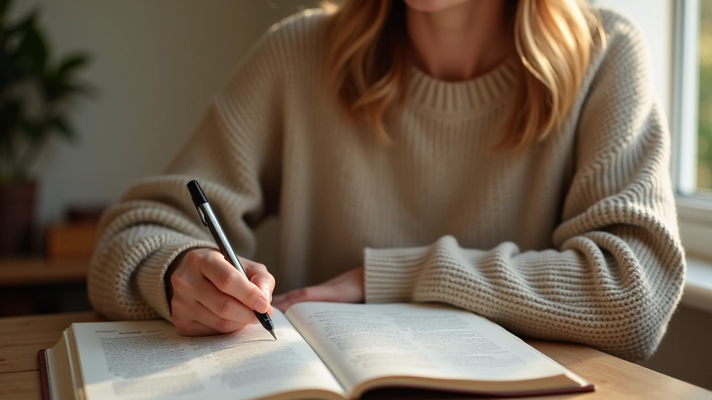 Close-up of person writing in gratitude journal with pen in hand, warm morning light on wooden desk