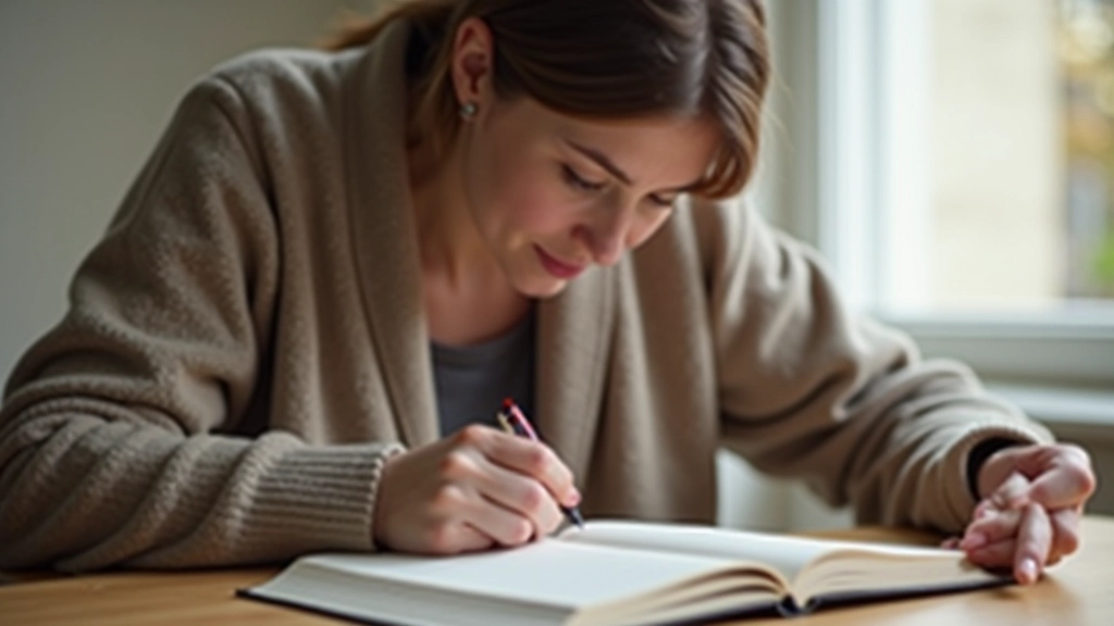 Person writing in journal at wooden table with morning light streaming through window
