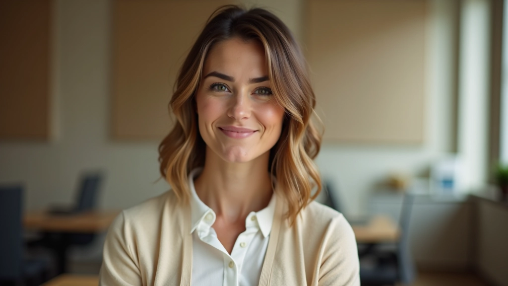 Female writing instructor, thoughtful expression, portrait from chest up, professional environment