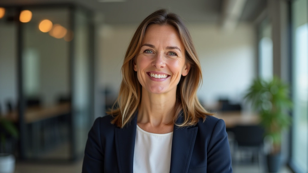 Female journaling facilitator, warm smile, portrait from chest up, professional setting