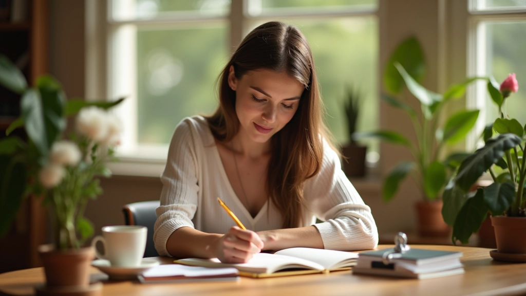 Woman writing in journal at desk with plants and coffee